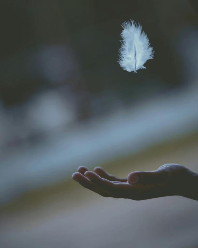 Plume blanche flottant délicatement au-dessus d'une main ouverte.