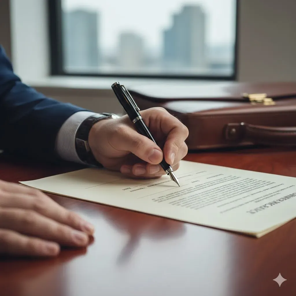 Signature d'un document officiel avec un stylo-plume sur un bureau en bois.